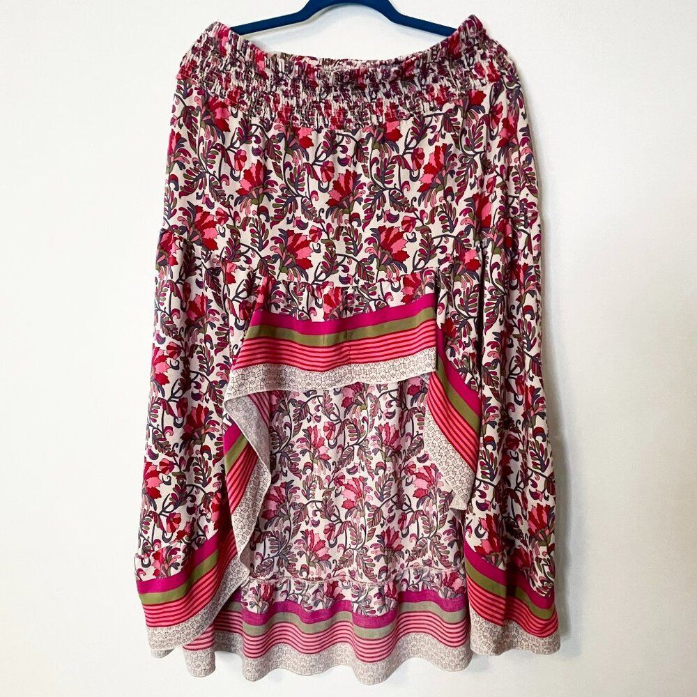 Boho Floral High Low Skirt | Pink & Red Print | Smocked Waist | Flowy - M